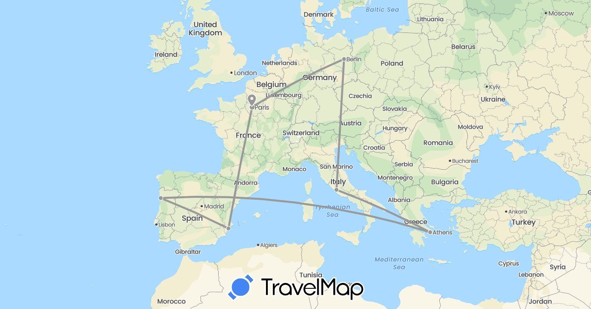 TravelMap itinerary: driving, plane in Germany, Spain, France, Greece, Italy, Portugal (Europe)